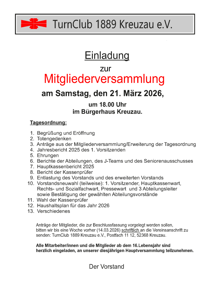 Einladung zur Mitgliederversammlung am 21. März 2026 um 18 Uhr im Bürgerhaus
